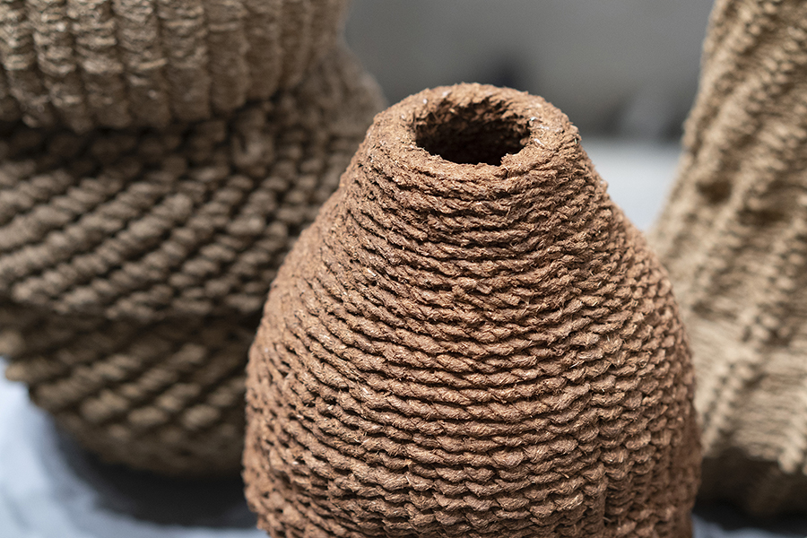 3D Printed Earth-Fiber Basketry, Un-Natural Material Exhibition, Mediterranean Center of Architecture. Photo courtesy Natural Materials Lab