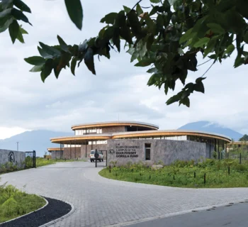 Fachada de piedra volcánica del Campus Ellen DeGeneres de la Dian Fossey Gorilla Fund en Ruanda, diseñado por MASS.
